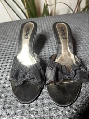 Unlisted Black Satin Open-Toe Heeled Mules with Bow Detail
